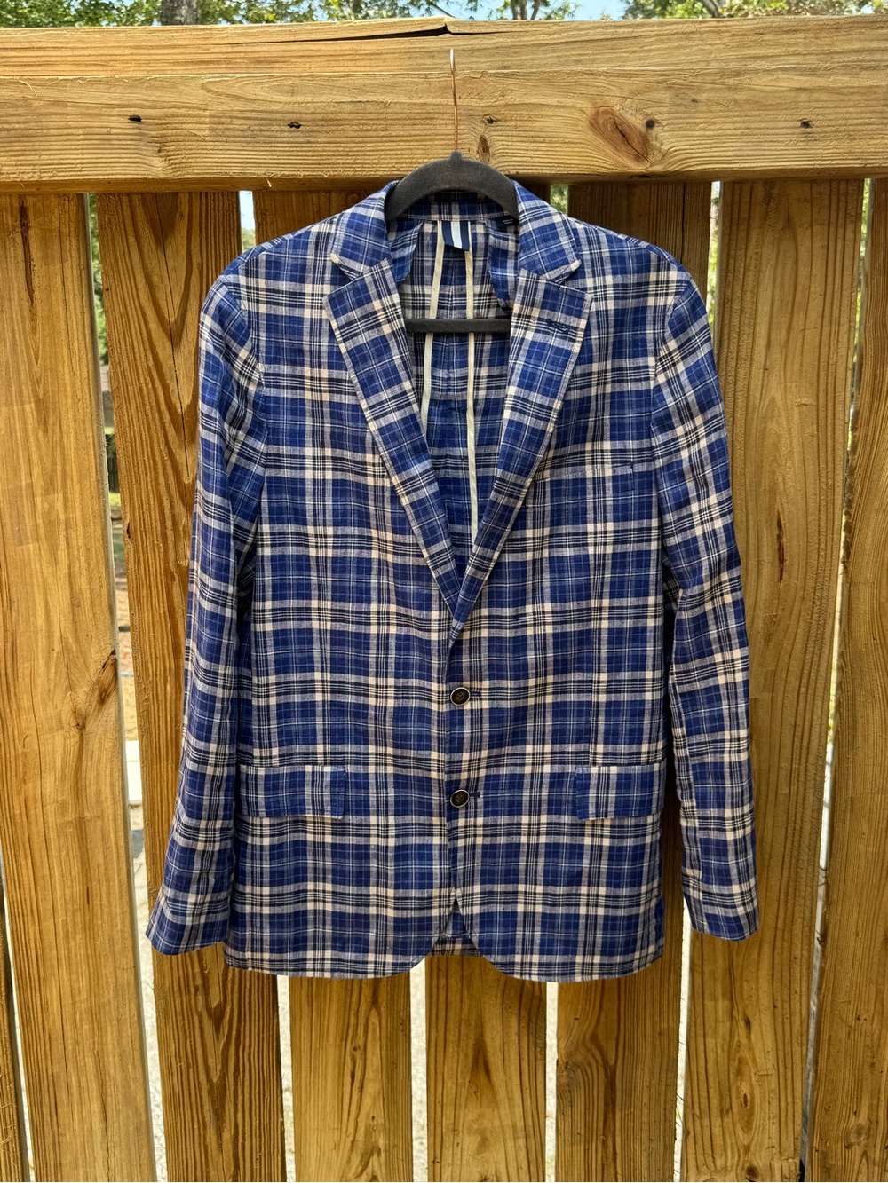 Daniel Cremieux Blue and White Plaid Linen Unlined Sport Coat